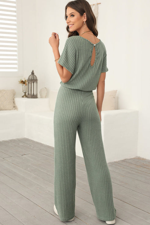Ribbed Round Neckline Short Sleeve Wide Leg Pocketed Jumpsuit