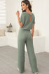Ribbed Round Neckline Short Sleeve Wide Leg Pocketed Jumpsuit