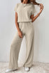 Ribbed Round Neckline Short Sleeve Wide Leg Pocketed Jumpsuit