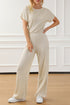 Ribbed Round Neckline Short Sleeve Wide Leg Pocketed Jumpsuit