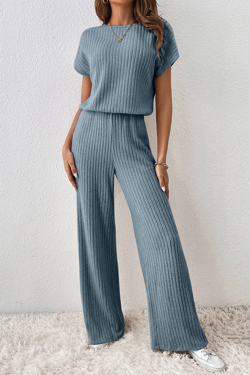 Ribbed Round Neckline Short Sleeve Wide Leg Pocketed Jumpsuit