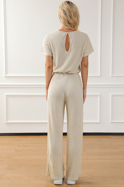 Ribbed Round Neckline Short Sleeve Wide Leg Pocketed Jumpsuit