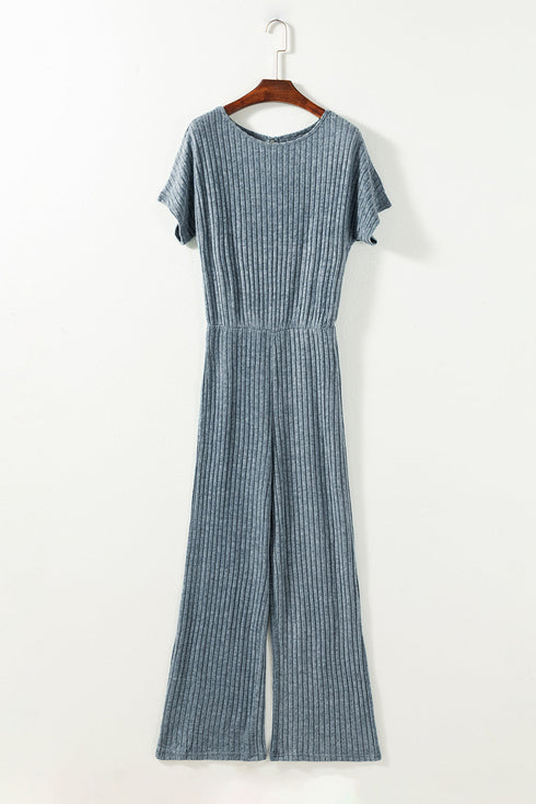 Ribbed Round Neckline Short Sleeve Wide Leg Pocketed Jumpsuit