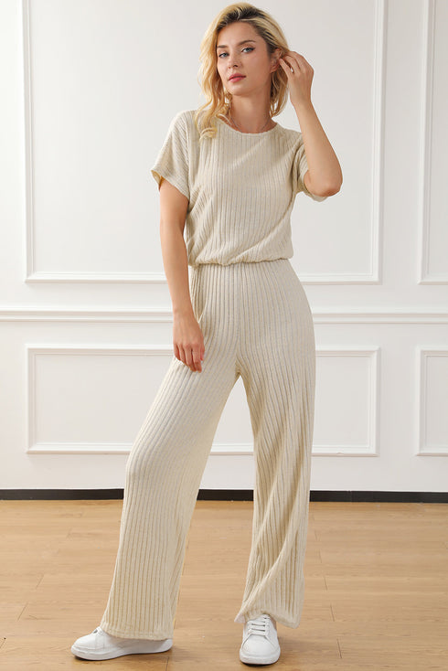 Ribbed Round Neckline Short Sleeve Wide Leg Pocketed Jumpsuit