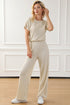Ribbed Round Neckline Short Sleeve Wide Leg Pocketed Jumpsuit