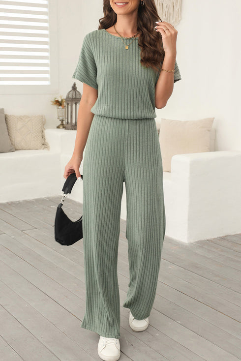 Ribbed Round Neckline Short Sleeve Wide Leg Pocketed Jumpsuit