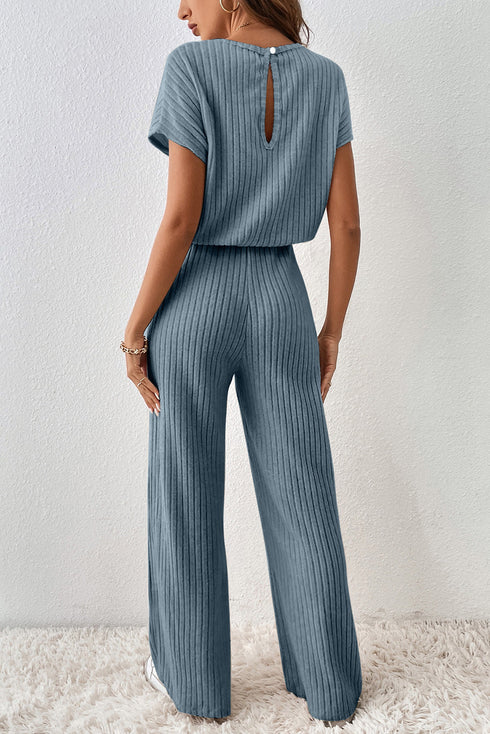 Ribbed Round Neckline Short Sleeve Wide Leg Pocketed Jumpsuit