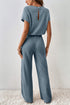 Ribbed Round Neckline Short Sleeve Wide Leg Pocketed Jumpsuit