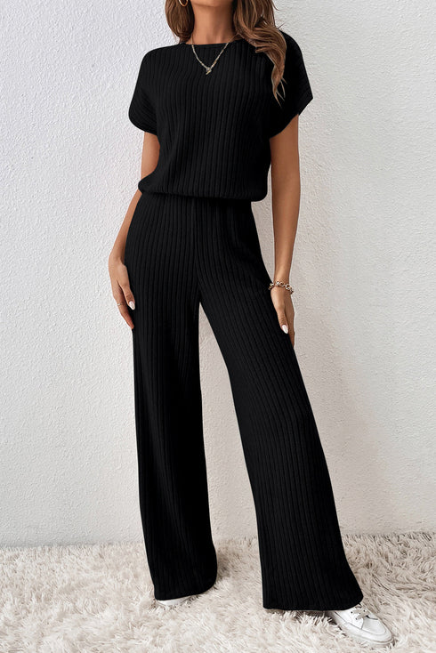 Ribbed Round Neckline Short Sleeve Wide Leg Pocketed Jumpsuit