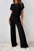 Ribbed Round Neckline Short Sleeve Wide Leg Pocketed Jumpsuit