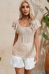 Ribbed Ruffle Sleeve Open Stitch Crochet Knit Top