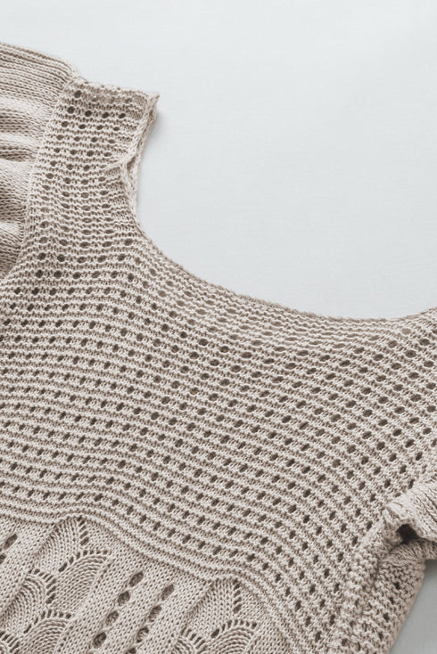 Ribbed Ruffle Sleeve Open Stitch Crochet Knit Top