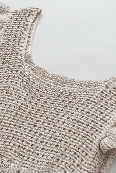 Ribbed Ruffle Sleeve Open Stitch Crochet Knit Top