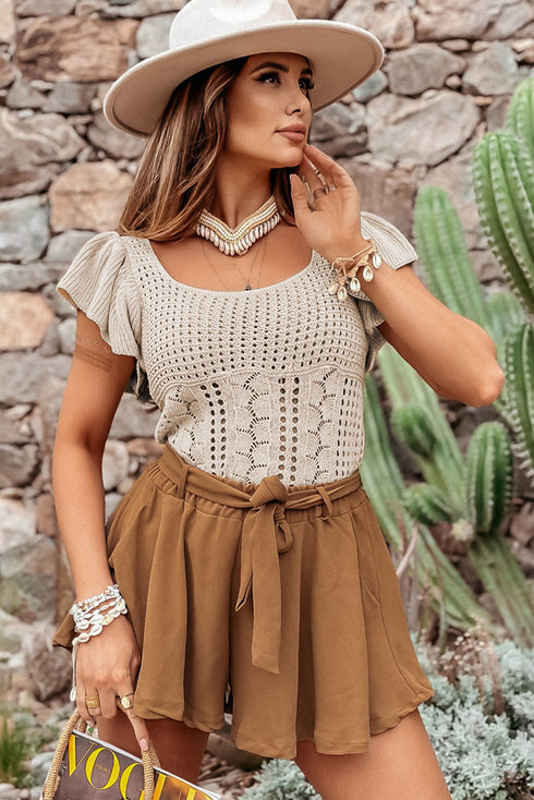 Ribbed Ruffle Sleeve Open Stitch Crochet Knit Top