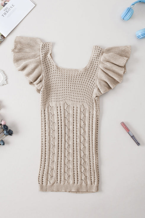 Ribbed Ruffle Sleeve Open Stitch Crochet Knit Top