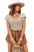 Ribbed Ruffle Sleeve Open Stitch Crochet Knit Top