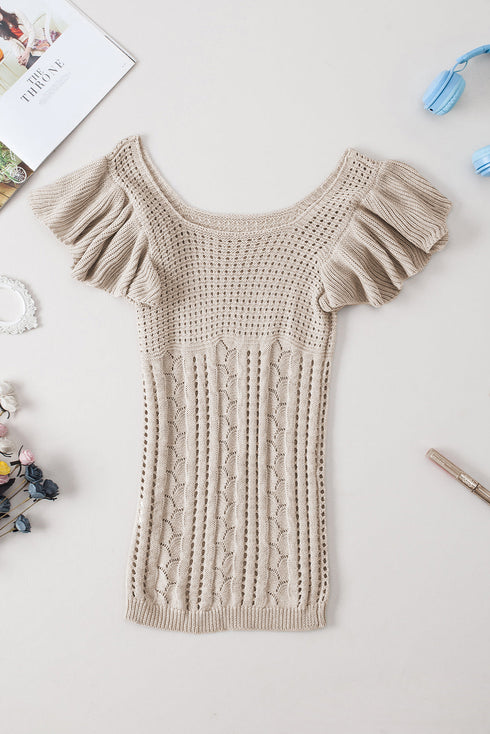 Ribbed Ruffle Sleeve Open Stitch Crochet Knit Top