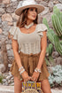 Ribbed Ruffle Sleeve Open Stitch Crochet Knit Top