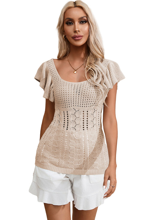 Ribbed Ruffle Sleeve Open Stitch Crochet Knit Top