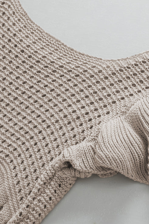 Ribbed Ruffle Sleeve Open Stitch Crochet Knit Top