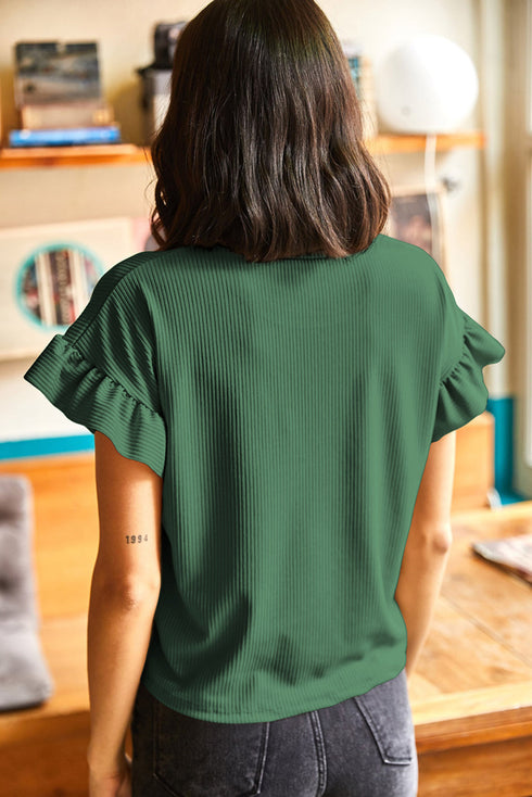 Ribbed Ruffle Trim Mock Neck Short Sleeve Top