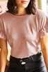 Ribbed Ruffle Trim Mock Neck Short Sleeve Top