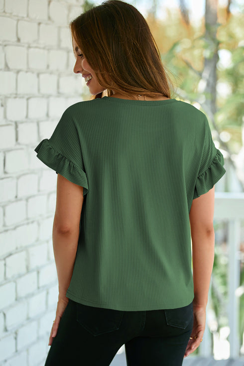 Ribbed Ruffle Trim Mock Neck Short Sleeve Top