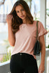 Ribbed Ruffle Trim Mock Neck Short Sleeve Top