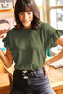 Ribbed Ruffle Trim Mock Neck Short Sleeve Top