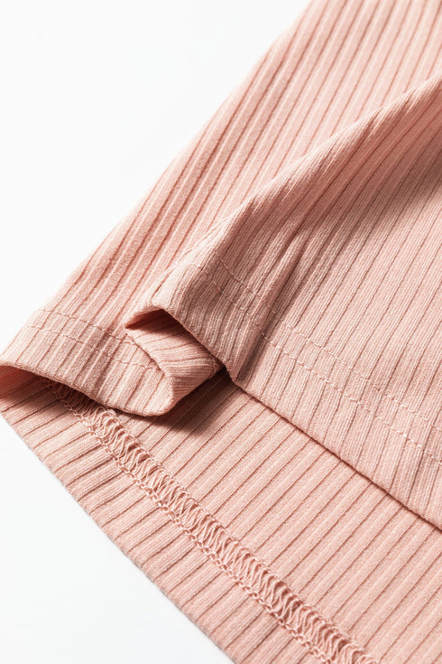 Ribbed Ruffle Trim Mock Neck Short Sleeve Top