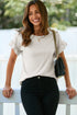 Ribbed Ruffle Trim Mock Neck Short Sleeve Top