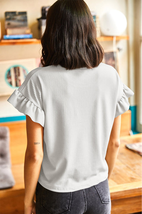 Ribbed Ruffle Trim Mock Neck Short Sleeve Top