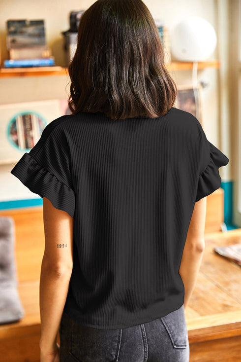 Ribbed Ruffle Trim Mock Neck Short Sleeve Top