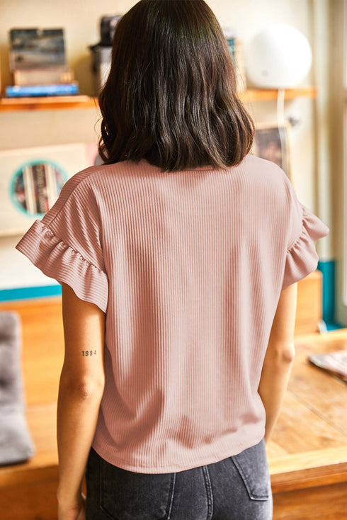 Ribbed Ruffle Trim Mock Neck Short Sleeve Top