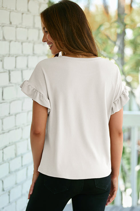 Ribbed Ruffle Trim Mock Neck Short Sleeve Top