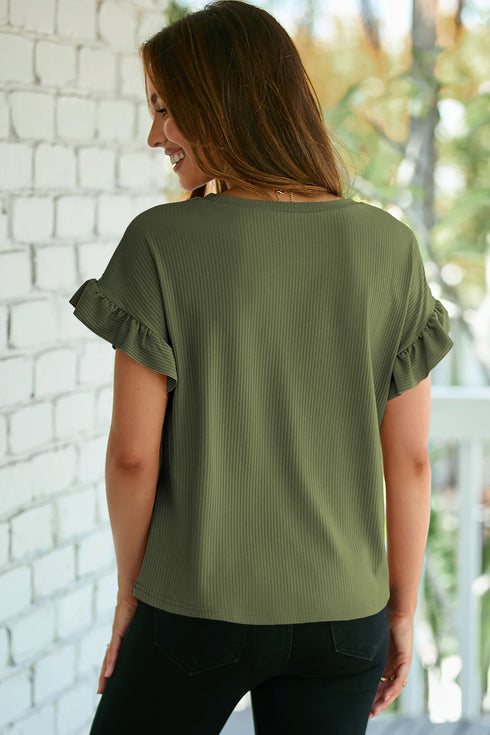 Ribbed Ruffle Trim Mock Neck Short Sleeve Top