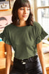 Ribbed Ruffle Trim Mock Neck Short Sleeve Top