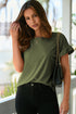 Ribbed Ruffle Trim Mock Neck Short Sleeve Top