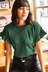 Ribbed Ruffle Trim Mock Neck Short Sleeve Top