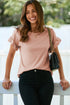Ribbed Ruffle Trim Mock Neck Short Sleeve Top