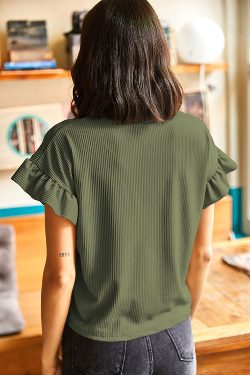 Ribbed Ruffle Trim Mock Neck Short Sleeve Top