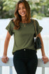 Ribbed Ruffle Trim Mock Neck Short Sleeve Top