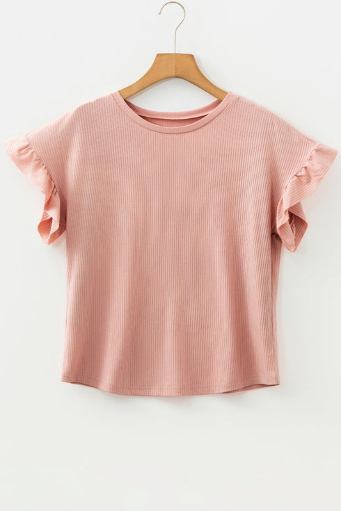Ribbed Ruffle Trim Mock Neck Short Sleeve Top