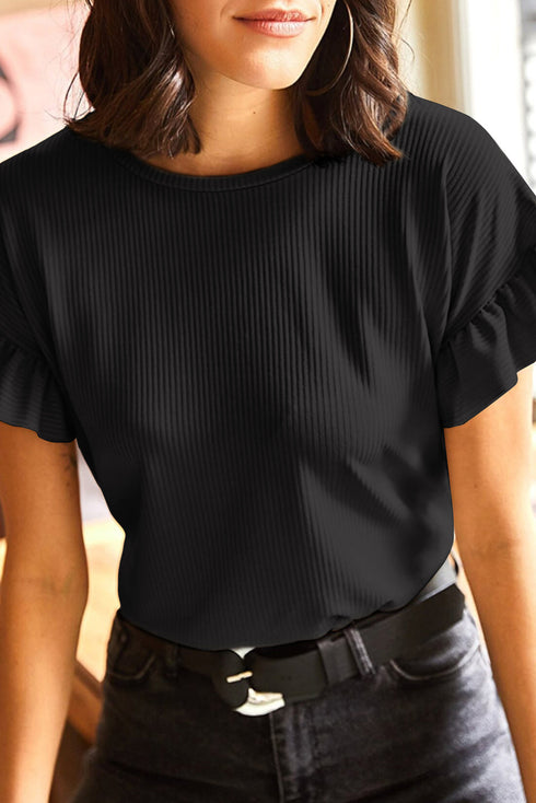 Ribbed Ruffle Trim Mock Neck Short Sleeve Top