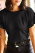 Ribbed Ruffle Trim Mock Neck Short Sleeve Top