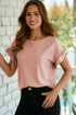 Ribbed Ruffle Trim Mock Neck Short Sleeve Top
