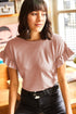 Ribbed Ruffle Trim Mock Neck Short Sleeve Top