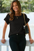Ribbed Ruffle Trim Mock Neck Short Sleeve Top
