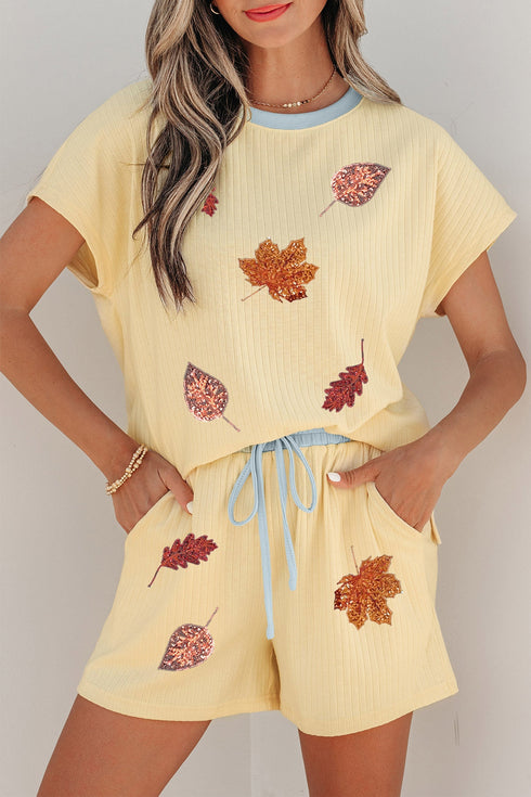 Ribbed Sequin Leaf Graphic Trim Two Piece Short Set