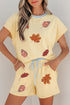 Ribbed Sequin Leaf Graphic Trim Two Piece Short Set